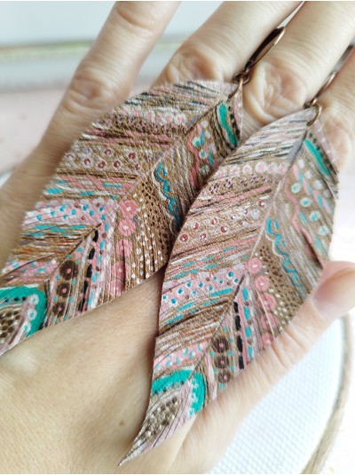 Hand painted native print leather feather earrings.