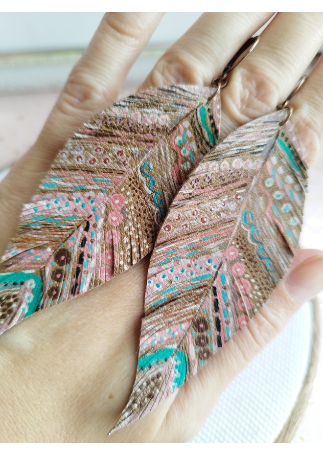 handpaint pink blue long feather earrings genuine handmade leather jewelry 