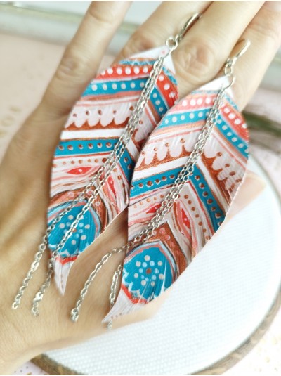 Hand painted blue pink leather feather earrings.