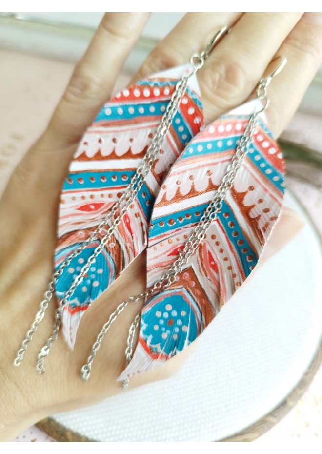handpaint pink blue long feather earrings genuine handmade leather jewelry 