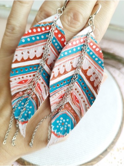 Hand painted blue pink leather feather earrings.