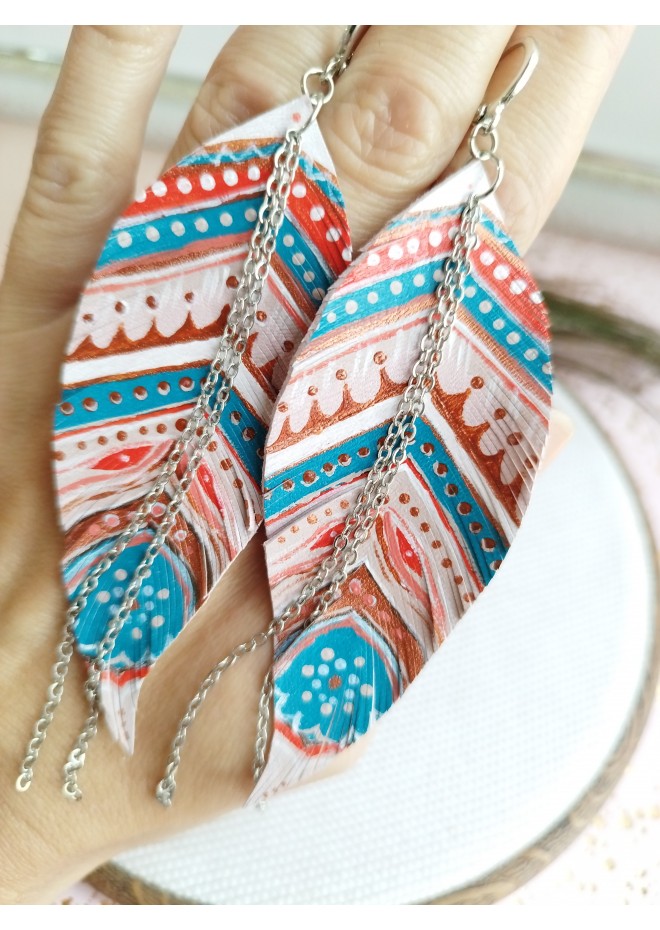 handpaint pink blue long feather earrings genuine handmade leather jewelry 