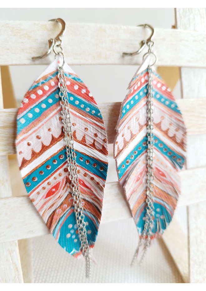 handpaint pink blue long feather earrings genuine handmade leather jewelry 