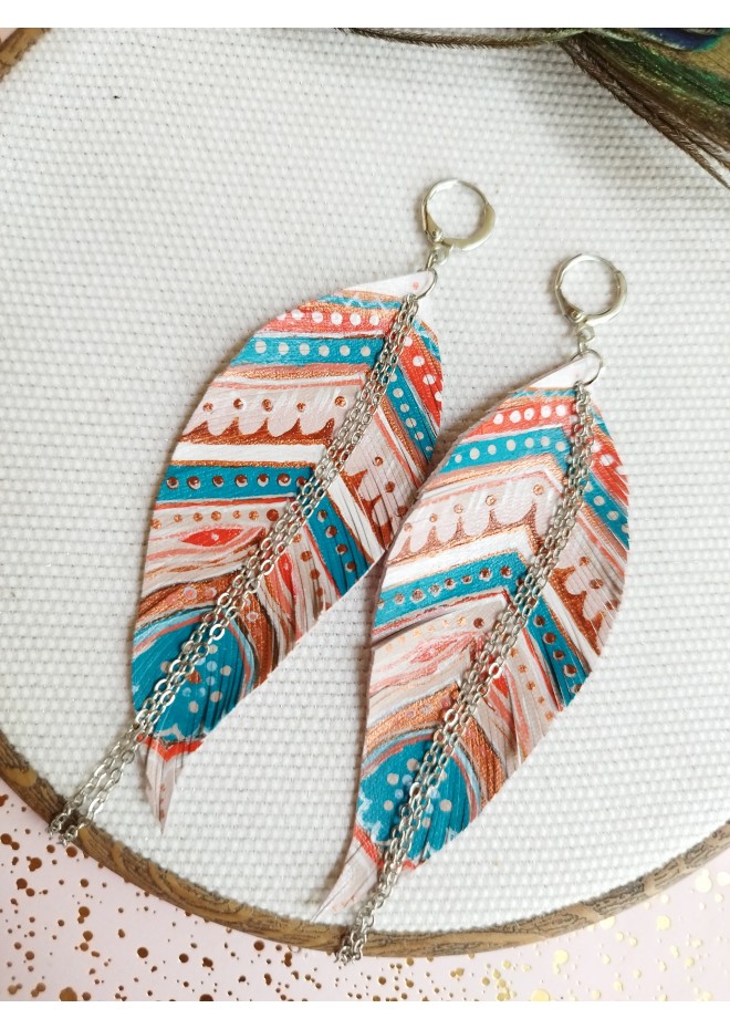 handpaint pink blue long feather earrings genuine handmade leather jewelry 