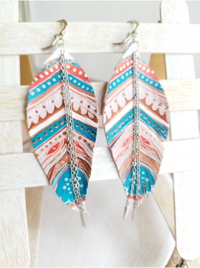 Hand painted blue pink leather feather earrings.