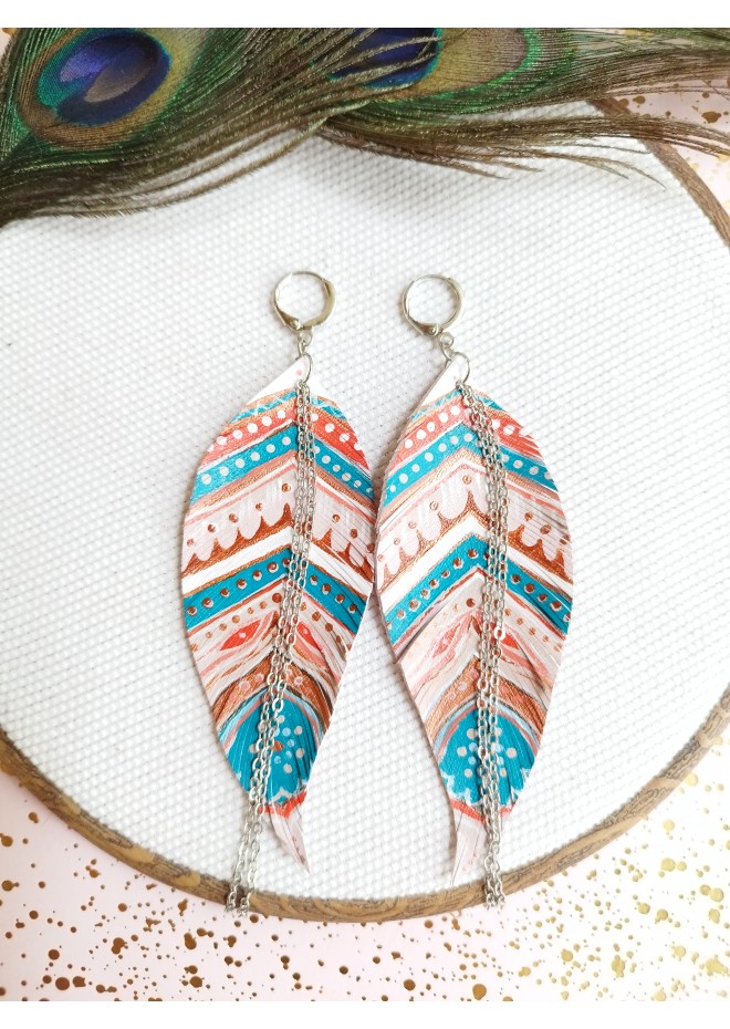 handpaint pink blue long feather earrings genuine handmade leather jewelry 