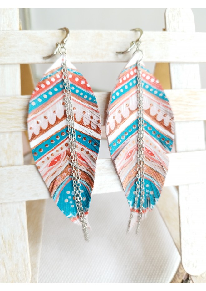 handpaint pink blue long feather earrings genuine handmade leather jewelry 