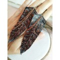 handpaint black long feather earrings genuine handmade leather jewelry 