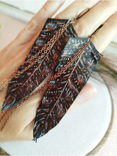Hand painted black print leather feather earrings.