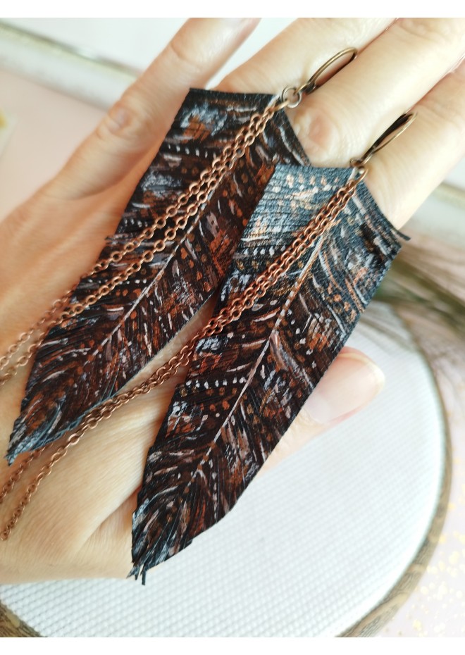 handpaint black long feather earrings genuine handmade leather jewelry 
