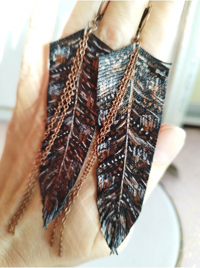 Hand painted black print leather feather earrings.