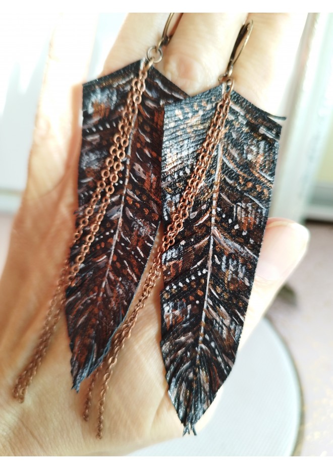 handpaint black long feather earrings genuine handmade leather jewelry 