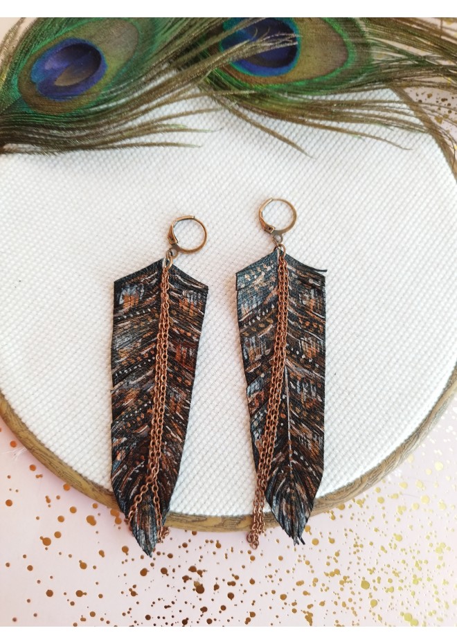 handpaint black long feather earrings genuine handmade leather jewelry 
