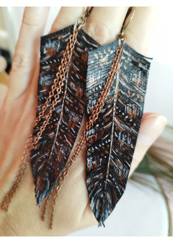 handpaint black long feather earrings genuine handmade leather jewelry 
