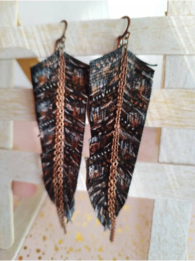 Hand painted black print leather feather earrings.