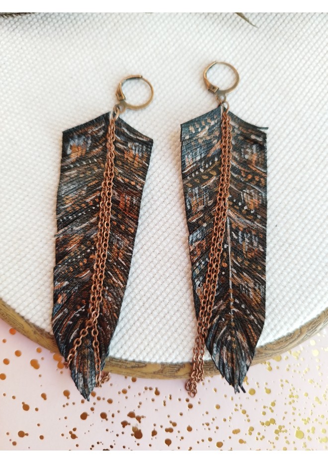 handpaint black long feather earrings genuine handmade leather jewelry 