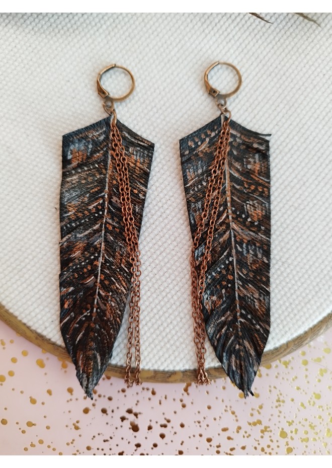 handpaint black long feather earrings genuine handmade leather jewelry 