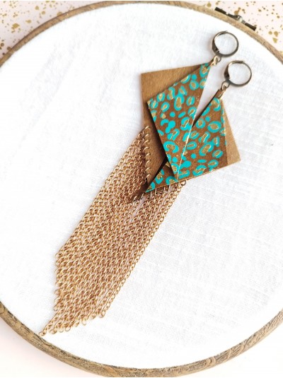 Brown chain fringe leather earrings,  handmade genuine leather jewelry.