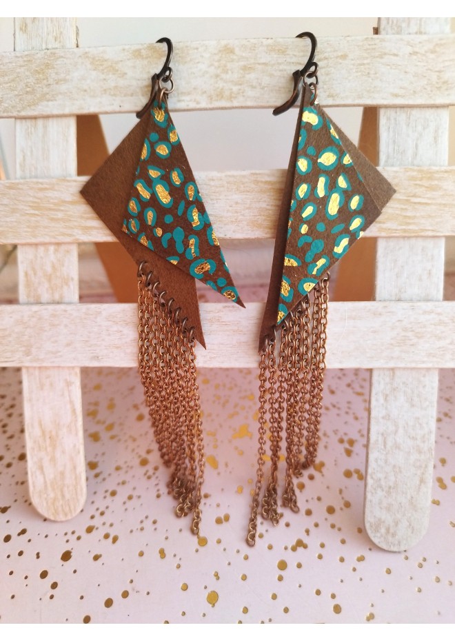  handmade genuine leather jewelry, leather feather earrings brown