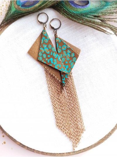 Brown chain fringe leather earrings,  handmade genuine leather jewelry.