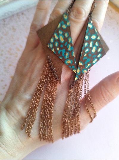 Brown chain fringe leather earrings,  handmade genuine leather jewelry.