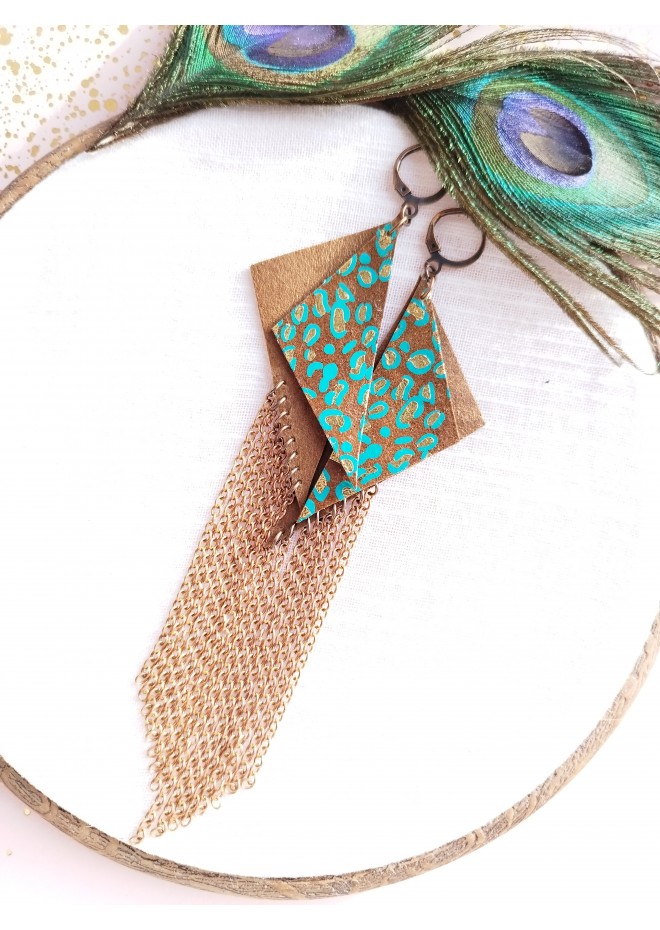 handmade genuine leather jewelry, leather feather earrings brown