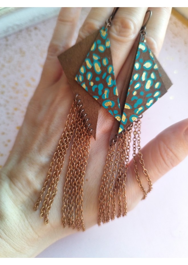  handmade genuine leather jewelry, leather feather earrings brown