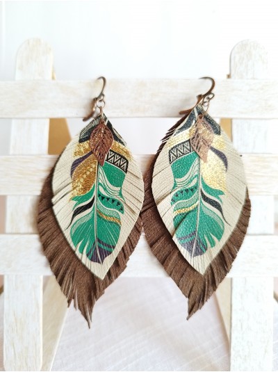 Beige brown leather feather earrings.