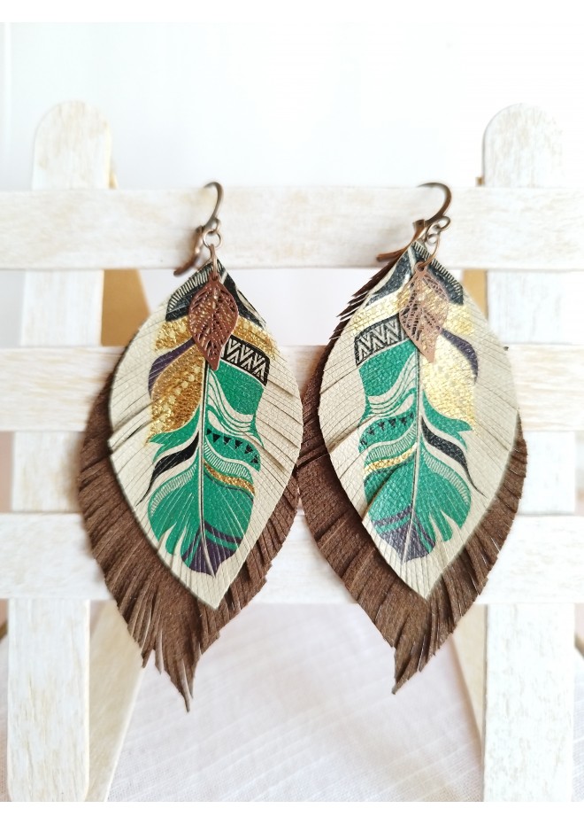 leather feather earrings beige brown feather print , genuine leather jewelry 