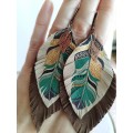 leather feather earrings beige brown feather print , genuine leather jewelry 