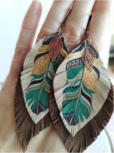 Beige brown leather feather earrings.