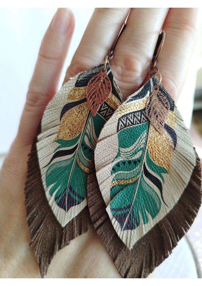 leather feather earrings beige brown feather print , genuine leather jewelry 