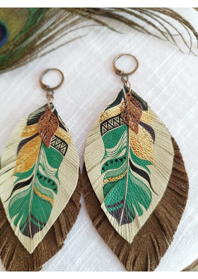 leather feather earrings beige brown feather print , genuine leather jewelry 