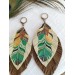leather feather earrings beige brown feather print , genuine leather jewelry 