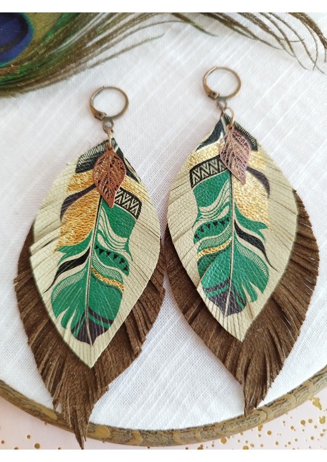 leather feather earrings beige brown feather print , genuine leather jewelry 