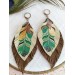 leather feather earrings beige brown feather print , genuine leather jewelry 
