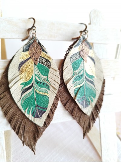 Beige brown leather feather earrings.