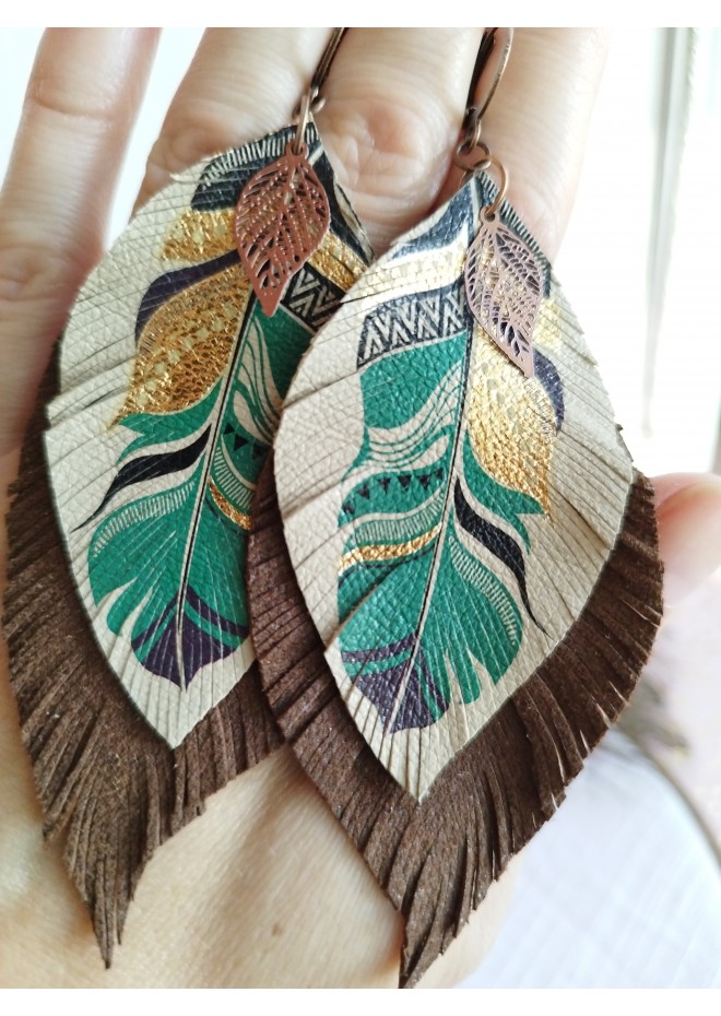 leather feather earrings beige brown feather print , genuine leather jewelry 