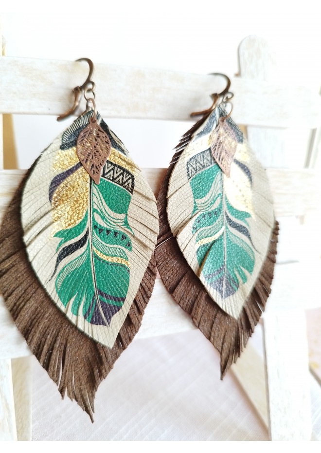 leather feather earrings beige brown feather print , genuine leather jewelry 