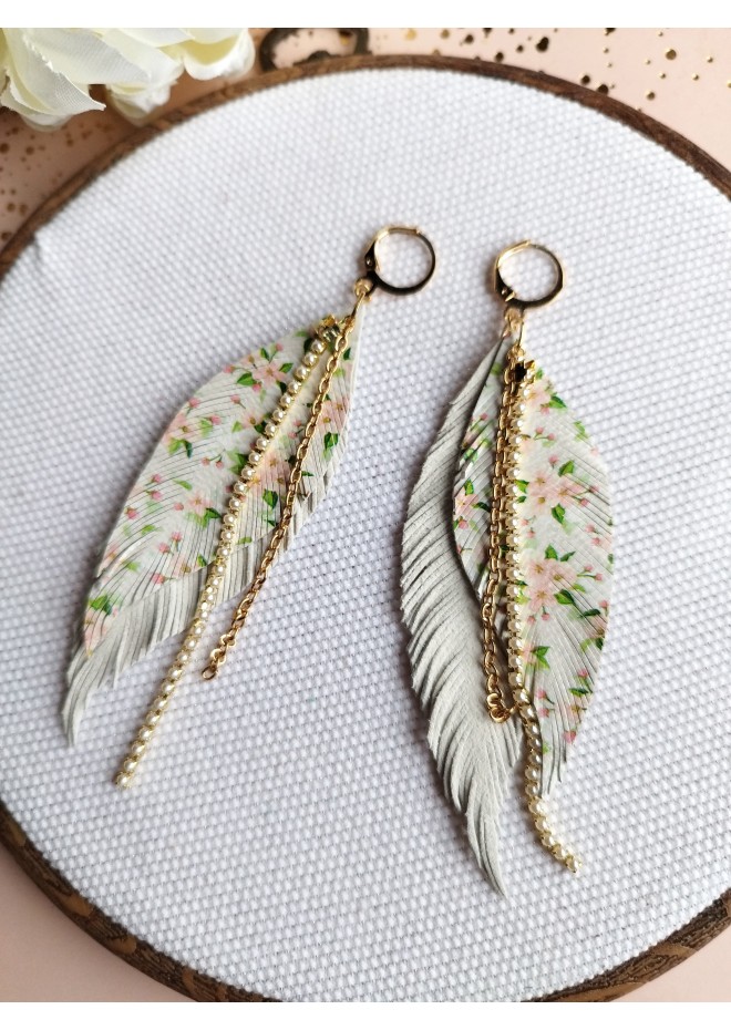 leather feather earrings white flower genuine leather jewelry 
