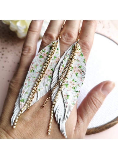 White flower print leather feather earrings,  handmade genuine leather jewelry.