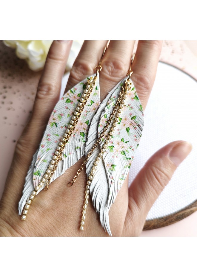 leather feather earrings white flower genuine leather jewelry 