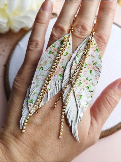 White flower print leather feather earrings,  handmade genuine leather jewelry.