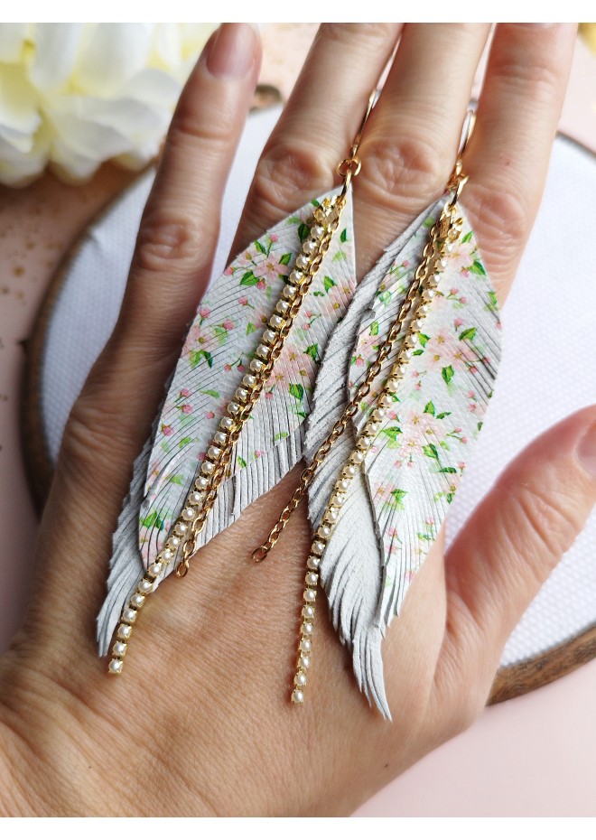 leather feather earrings white flower genuine leather jewelry 