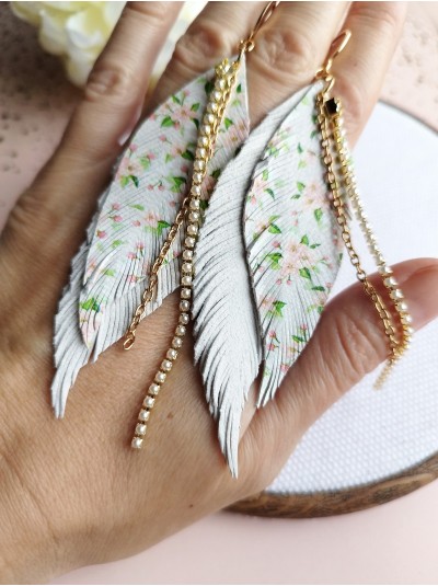 White flower print leather feather earrings,  handmade genuine leather jewelry.