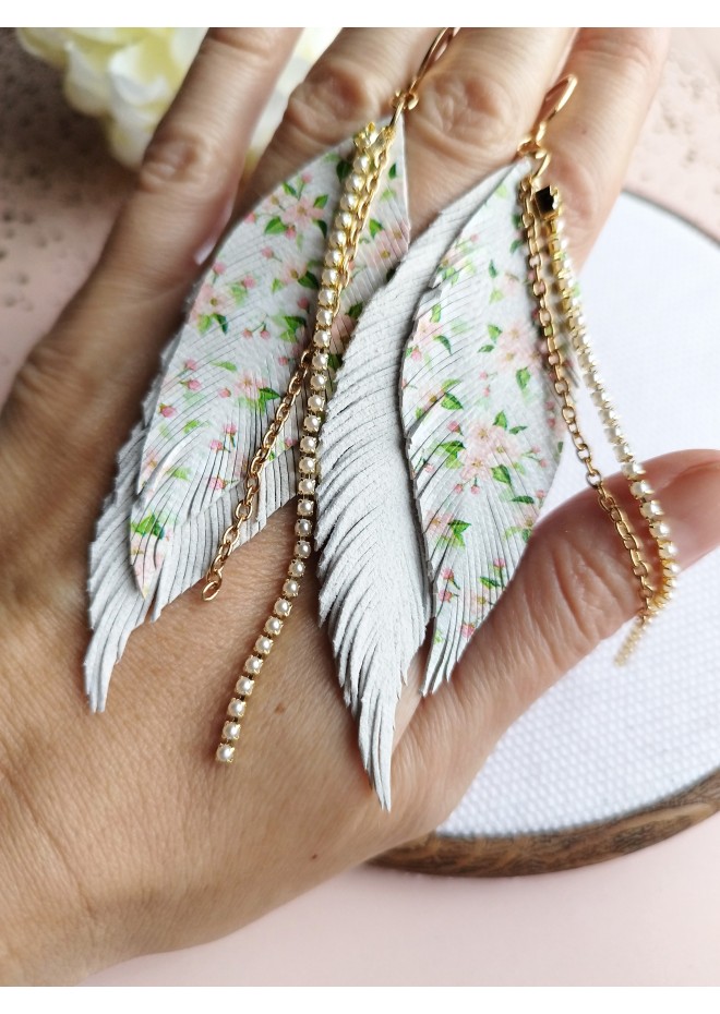 leather feather earrings white flower genuine leather jewelry 