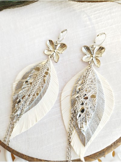 white silver leather feather earrings with chain. 