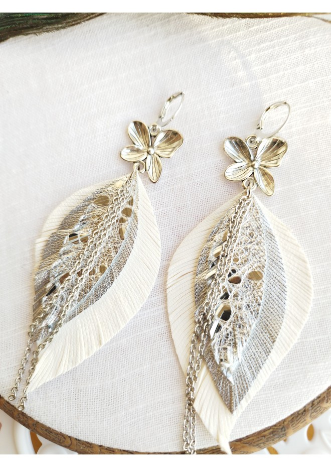 leather feather earrings white  flower connector , genuine leather jewelry 