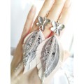 leather feather earrings white  flower connector , genuine leather jewelry 