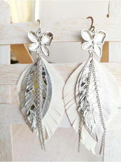 white silver leather feather earrings with chain. 